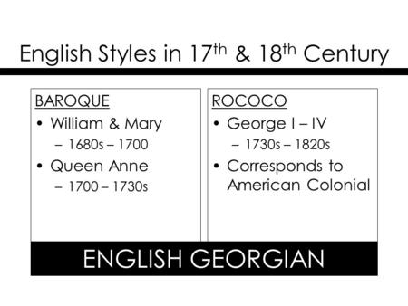 English Styles in 17 th & 18 th Century BAROQUE William & Mary –1680s – 1700 Queen Anne –1700 – 1730s ROCOCO George I – IV –1730s – 1820s Corresponds to.