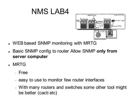 NMS LAB4 WEB based SNMP monitoring with MRTG Basic SNMP config to router Allow SNMP only from server computer MRTG  Free  easy to use to monitor few.