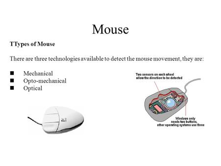 Mouse TTypes of Mouse There are three technologies available to detect the mouse movement, they are: Mechanical Opto-mechanical Optical.