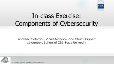 SUBTITLE 2015 GenCyber Cybersecurity Workshop In-class Exercise: Components of Cybersecurity Andreea Cotoranu, Vinnie Monaco, and Chuck Tappert Seidenberg.