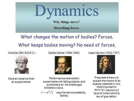 Dynamics What changes the motion of bodies? Forces.