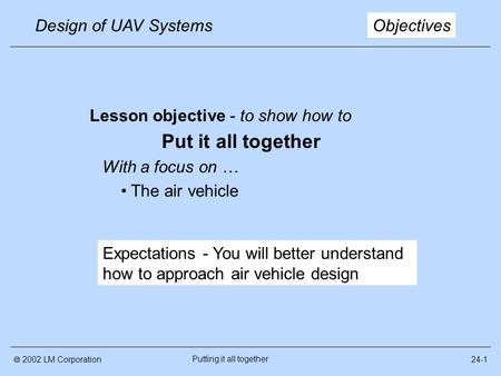 Design of UAV Systems Putting it all together 24-1 Lesson objective - to show how to Put it all together With a focus on … The air vehicle Objectives Expectations.