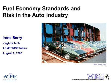 Fuel Economy Standards and Risk in the Auto Industry Irene Berry Virginia Tech ASME WISE Intern August 2, 2006 [www.msnbc.com]