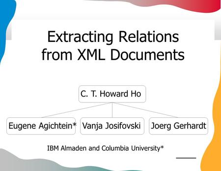 Extracting Relations from XML Documents C. T. Howard HoJoerg GerhardtEugene Agichtein*Vanja Josifovski IBM Almaden and Columbia University*