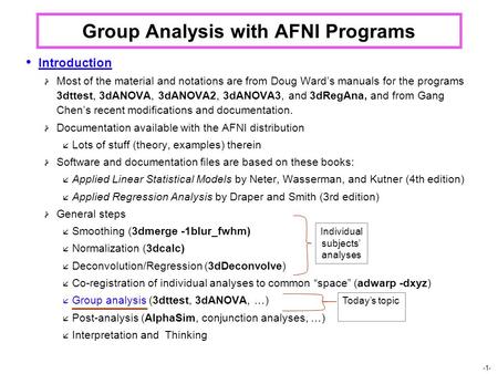 -1- Group Analysis with AFNI Programs Introduction  Most of the material and notations are from Doug Ward’s manuals for the programs 3dttest, 3dANOVA,