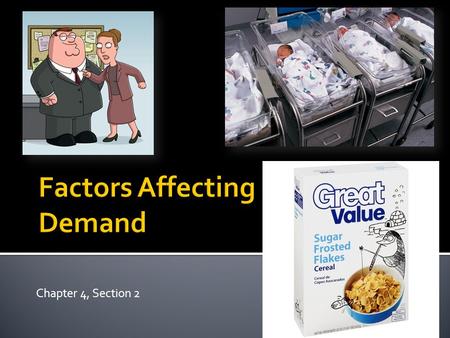 Chapter 4, Section 2.  There are a lot of reasons why demand for an item increases or decreases…  Price is one easy way to affect demand, but there.