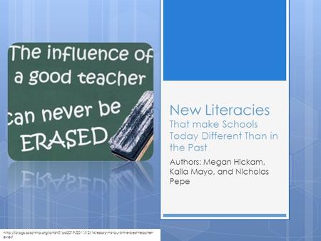 New Literacies That make Schools Today Different Than in the Past Authors: Megan Hickam, Kaila Mayo, and Nicholas Pepe