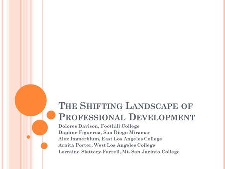 T HE S HIFTING L ANDSCAPE OF P ROFESSIONAL D EVELOPMENT Dolores Davison, Foothill College Daphne Figueroa, San Diego Miramar Alex Immerblum, East Los Angeles.