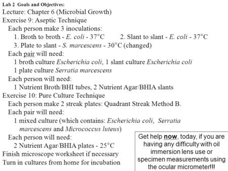 Lecture: Chapter 6 (Microbial Growth) Exercise 9: Aseptic Technique