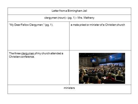 Letter from a Birmingham Jail clergymen (noun) - (pg. 1) - Mrs. Matheny My Dear Fellow Clergymen, (pg. 1).a male priest or minister of a Christian church.