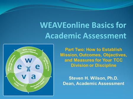 WEAVEonline Basics for Academic Assessment Steven H. Wilson, Ph.D. Dean, Academic Assessment Part Two: How to Establish Mission, Outcomes, Objectives,