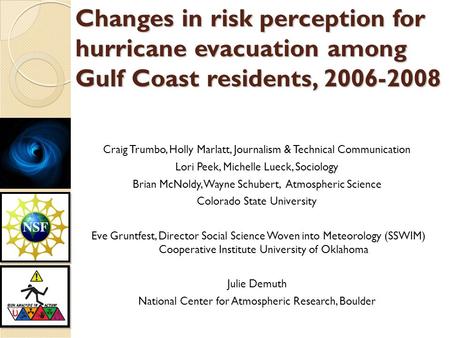 Changes in risk perception for hurricane evacuation among Gulf Coast residents, 2006-2008 Craig Trumbo, Holly Marlatt, Journalism & Technical Communication.