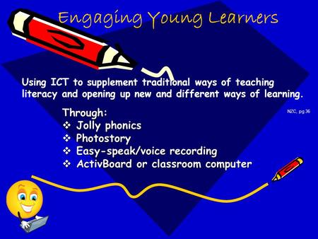 Through:  Jolly phonics  Photostory  Easy-speak/voice recording  ActivBoard or classroom computer NZC, pg 36 Using ICT to supplement traditional ways.