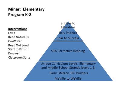 Bridges to Literature Jolly Phonics Soar to Success SRA Corrective Reading Unique Curriculum Levels Elementary and Middle School Strands levels 1-3 Early.