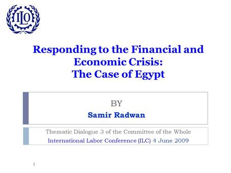 Responding to the Financial and Economic Crisis: The Case of Egypt BY Samir Radwan Thematic Dialogue 3 of the Committee of the Whole International Labor.