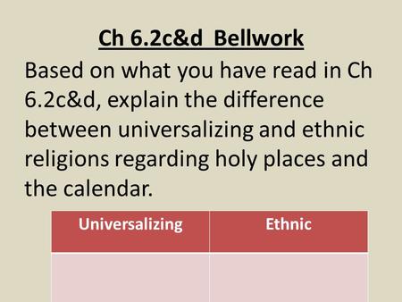 Ch 6.2c&d Bellwork Based on what you have read in Ch 6.2c&d, explain the difference between universalizing and ethnic religions regarding holy places and.