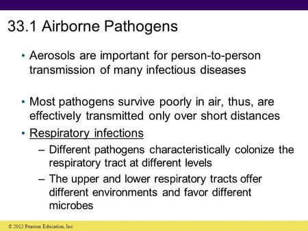 33.1 Airborne Pathogens Aerosols are important for person-to-person transmission of many infectious diseases Most pathogens survive poorly in air, thus,