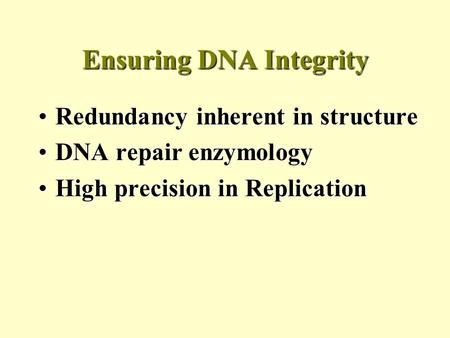 Ensuring DNA Integrity Redundancy inherent in structureRedundancy inherent in structure DNA repair enzymologyDNA repair enzymology High precision in ReplicationHigh.