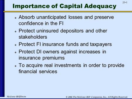 McGraw-Hill/Irwin 20-1 © 2006 The McGraw-Hill Companies, Inc., All Rights Reserved. Importance of Capital Adequacy Absorb unanticipated losses and preserve.