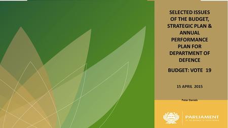 1 SELECTED ISSUES OF THE BUDGET, STRATEGIC PLAN & ANNUAL PERFORMANCE PLAN FOR DEPARTMENT OF DEFENCE BUDGET: VOTE 19 15 APRIL 2015 Peter Daniels.