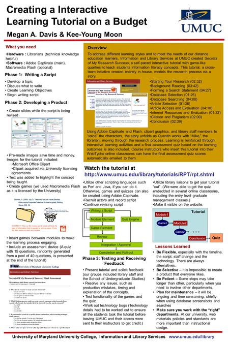 Creating a Interactive Learning Tutorial on a Budget Megan A. Davis & Kee-Young Moon Overview To address different learning styles and to meet the needs.