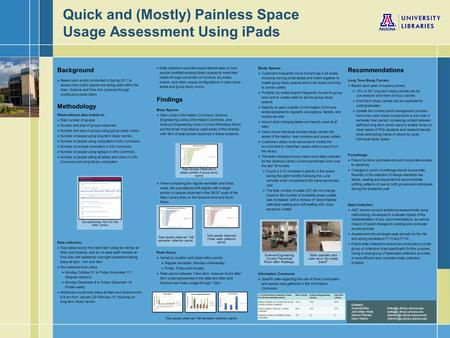 Background  Based upon a pilot conducted in Spring 2011 to assess how public spaces are being used within the Main, Science and Fine Arts Libraries through.