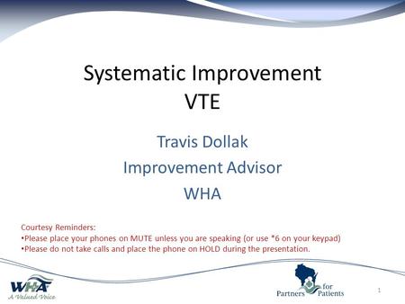 Systematic Improvement VTE 1 Courtesy Reminders: Please place your phones on MUTE unless you are speaking (or use *6 on your keypad) Please do not take.