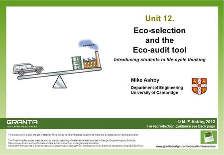 This lecture unit is part of a set created by Mike Ashby to help introduce students to materials, processes and rational selection. The Teaching Resources.