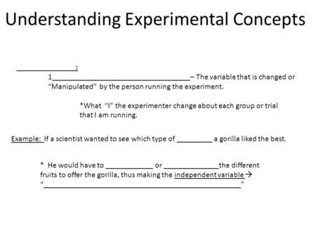 Understanding Experimental Concepts _______________: 1___________________________________– The variable that is changed or “Manipulated” by the person.