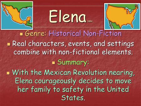 Elena 548A Genre: Historical Non-Fiction Genre: Historical Non-Fiction Real characters, events, and settings combine with non-fictional elements. Real.