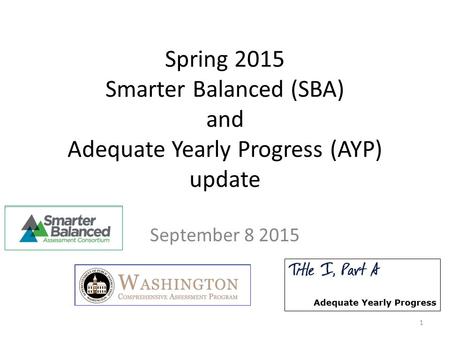 Spring 2015 Smarter Balanced (SBA) and Adequate Yearly Progress (AYP) update September 8 2015 1.