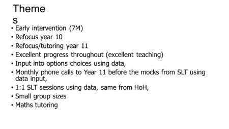 Theme s Early intervention (7M) Refocus year 10 Refocus/tutoring year 11 Excellent progress throughout (excellent teaching) Input into options choices.