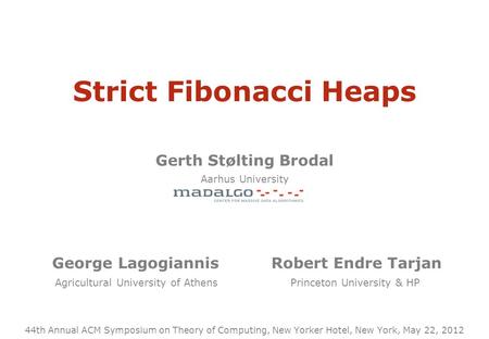 Strict Fibonacci Heaps Gerth Stølting Brodal Aarhus University George Lagogiannis Robert Endre Tarjan Agricultural University of Athens Princeton University.