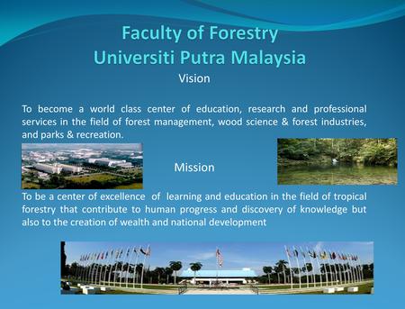 Vision To become a world class center of education, research and professional services in the field of forest management, wood science & forest industries,