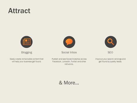Attract & More... Blogging Easily create remarkable content that will help your business get found. Social Inbox Publish and see Social Analytics across.