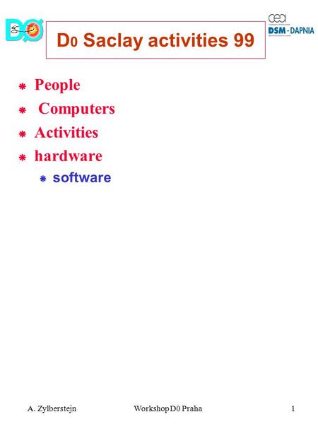 A. Zylberstejn1Workshop D0 Praha D 0 Saclay activities 99  People  Computers  Activities  hardware  software.