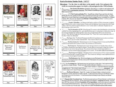 Road to Revolution Timeline Puzzle - “ACT 1” Directions: Use the clues to add dates to the puzzle cards. Cut and paste the cards on construction paper.