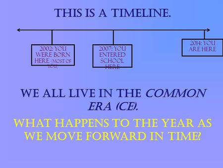 2014: You are here 2007: You entered school here This is a timeline. 2002: You were born here (most of you) We all live in the common era (CE). What happens.