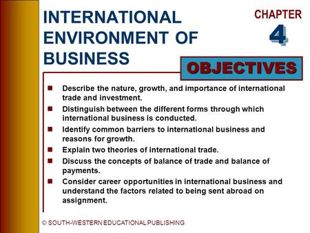 CHAPTER OBJECTIVES © SOUTH-WESTERN EDUCATIONAL PUBLISHING INTERNATIONAL ENVIRONMENT OF BUSINESS nDescribe the nature, growth, and importance of international.