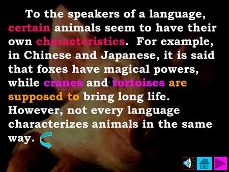 To the speakers of a language, certain animals seem to have their own characteristics. For example, in Chinese and Japanese, it is said that foxes have.