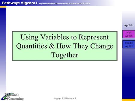 Applets Wire Applet Candle Applet Using Variables to Represent Quantities & How They Change Together Copyright © 2013 Carlson et al.