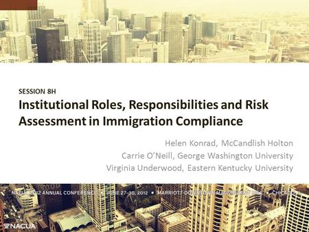 Institutional Roles, Responsibilities and Risk Assessment in Immigration Compliance Helen Konrad, McCandlish Holton Carrie O’Neill, George Washington University.