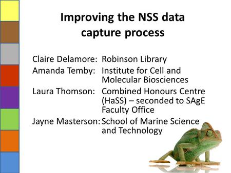 Improving the NSS data capture process Claire Delamore: Robinson Library Amanda Temby: Institute for Cell and Molecular Biosciences Laura Thomson: Combined.