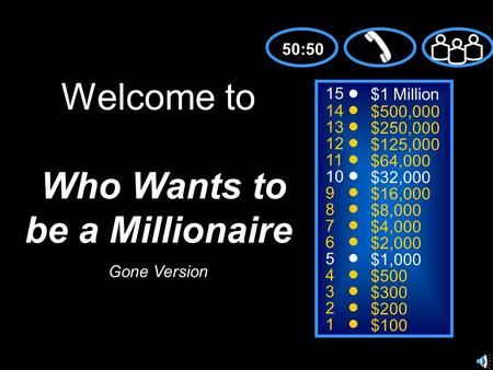 15 14 13 12 11 10 9 8 7 6 5 4 3 2 1 $1 Million $500,000 $250,000 $125,000 $64,000 $32,000 $16,000 $8,000 $4,000 $2,000 $1,000 $500 $300 $200 $100 Welcome.