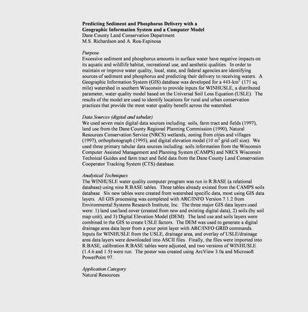 Predicting Sediment and Phosphorus Delivery with a Geographic Information System and a Computer Model M.S. Richardson and A. Roa-Espinosa; Dane County.