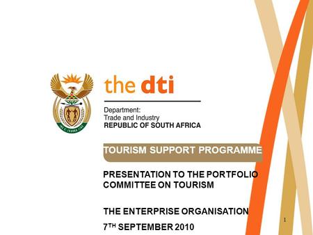 1 TOURISM SUPPORT PROGRAMME PRESENTATION TO THE PORTFOLIO COMMITTEE ON TOURISM THE ENTERPRISE ORGANISATION 7 TH SEPTEMBER 2010.