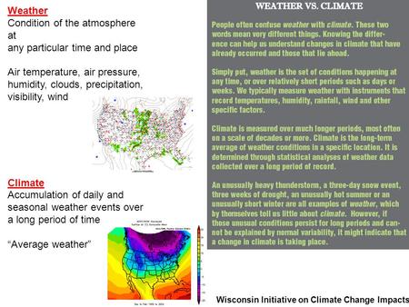 Weather Condition of the atmosphere at any particular time and place Air temperature, air pressure, humidity, clouds, precipitation, visibility, wind Climate.