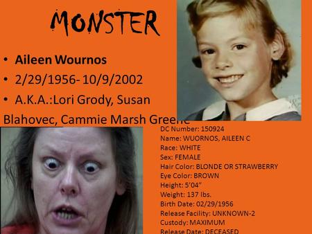 MONSTER Aileen Wournos 2/29/ /9/2002 A.K.A.:Lori Grody, Susan