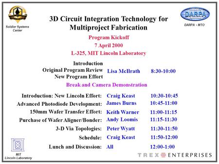 Soldier Systems Center MIT Lincoln Laboratory DARPA DARPA - MTO 3D Circuit Integration Technology for Multiproject Fabrication Program Kickoff 7 April.