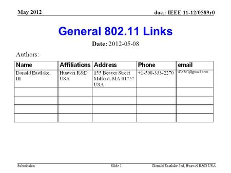 Submission doc.: IEEE 11-12/0589r0 May 2012 Donald Eastlake 3rd, Huawei R&D USASlide 1 General 802.11 Links Date: 2012-05-08 Authors: